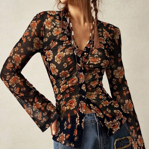 Multicolor Casual Women's Boho Lace mesh V-Neck Flared Sleeve Blouse - Picture 6 of 7